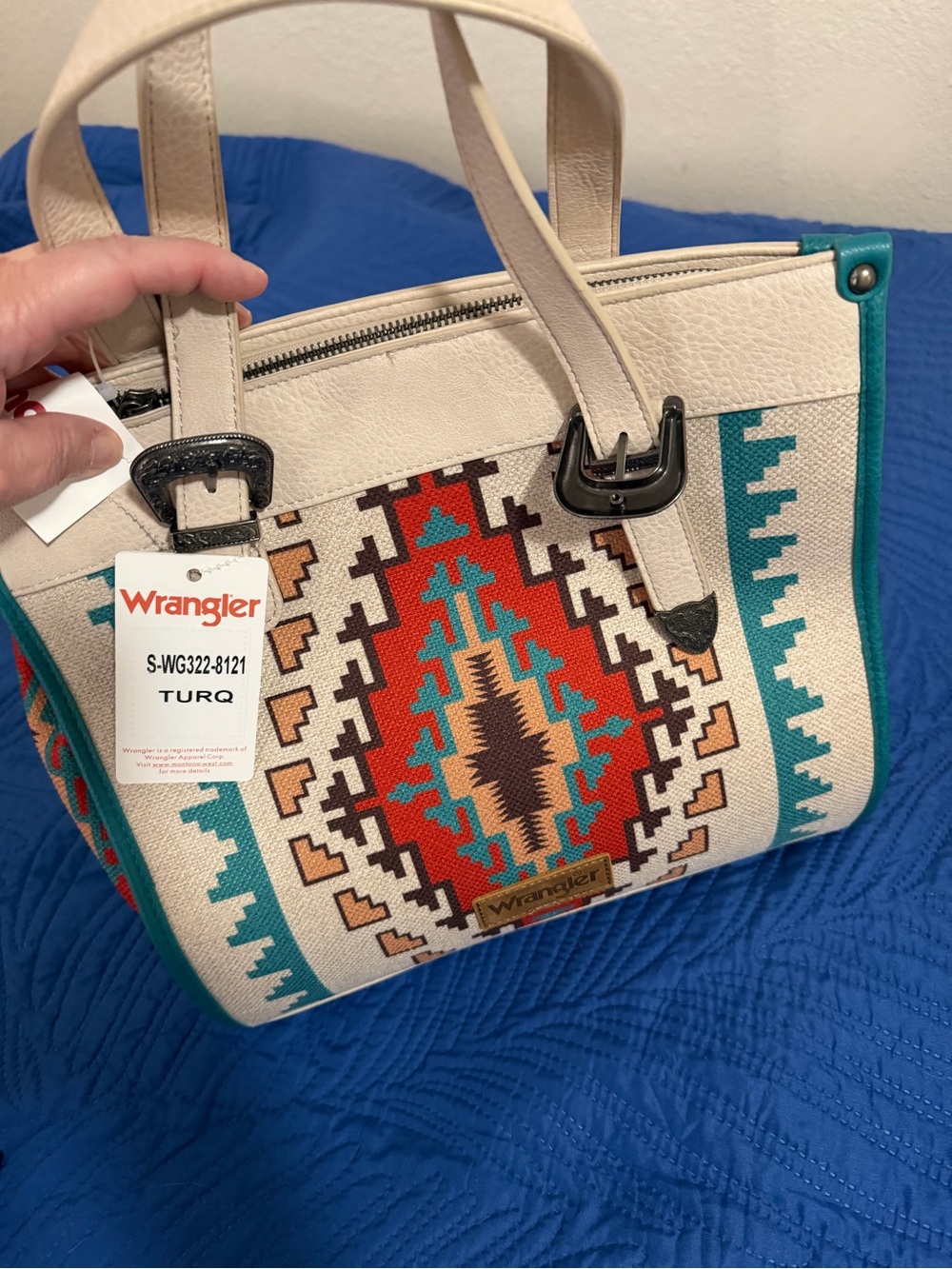 Wrangler Turquoise & Red Southwestern Tote with Cream Trim
